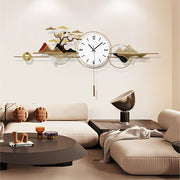 Large Golden 3D Metal Wall Clock, 46x13 Inch - Silent Pendulum, No-Ticking, Modern Decorative Art for Living Room, Bedroom, Kitchen, Office - Abstract Landscape Design with Sunburst Motif