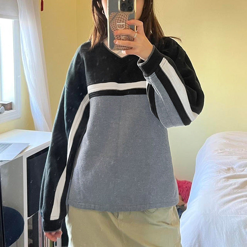 Women's Contrast Color Striped Stitching Small V-neck Design Loose-fitting Casual Pullover Female