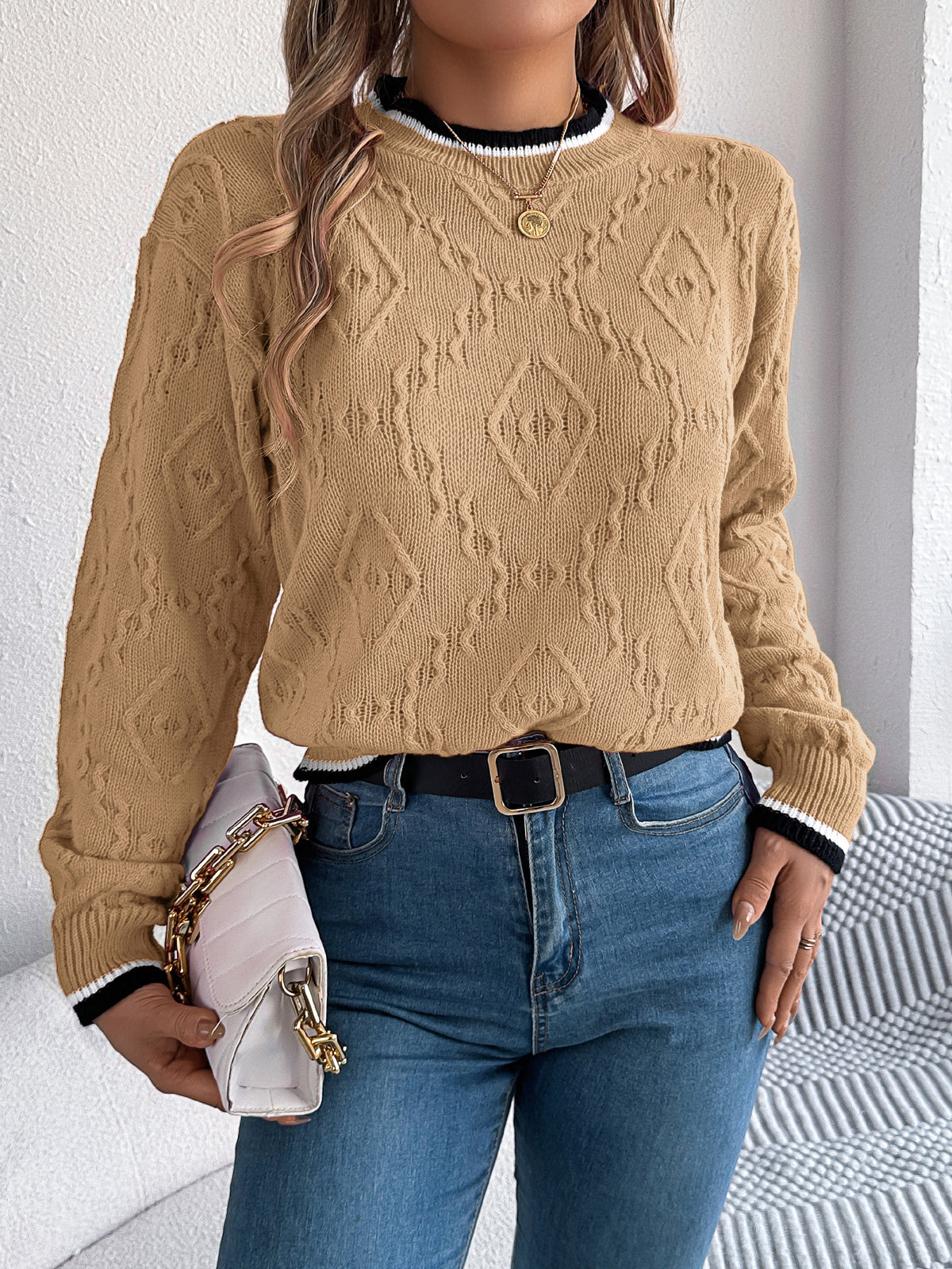 Women Casual Color Block Cable Knit Long Sleeve Pullover Sweater