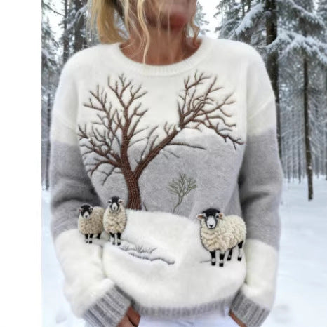 New Flannel Printed Christmas Sweet Crew-neck Top with Snowman Design