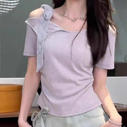 Trendy Slim-Fit Street Style Short Sleeve Tee – Purple/Black/White