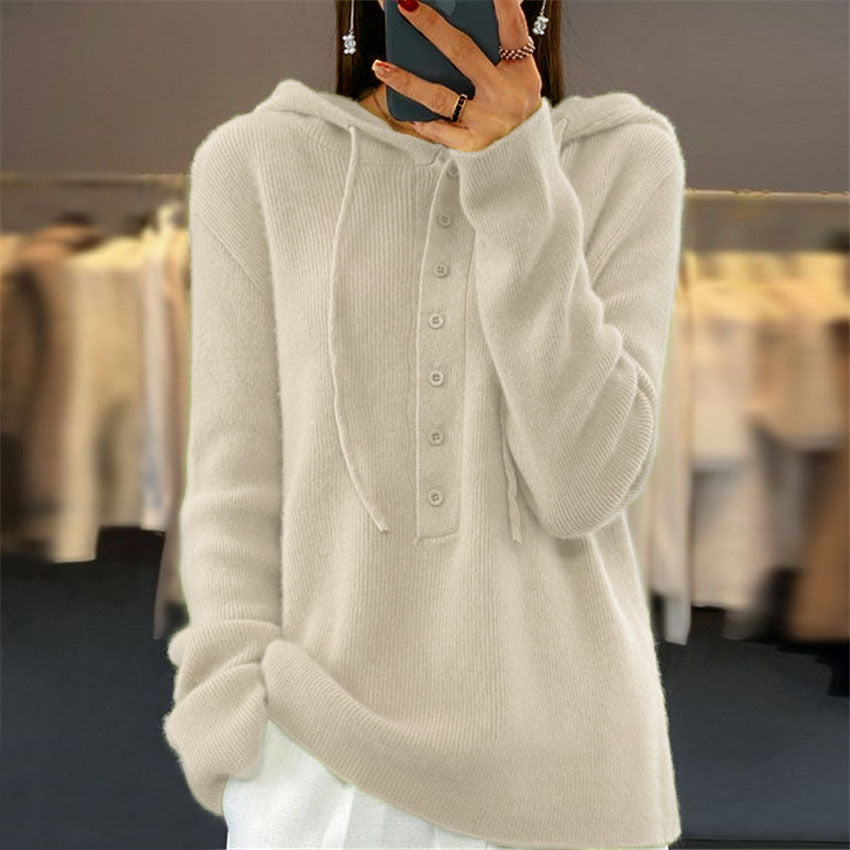 Solid-color Long-sleeve Hooded Knitted Pullover with Drawstring for Women