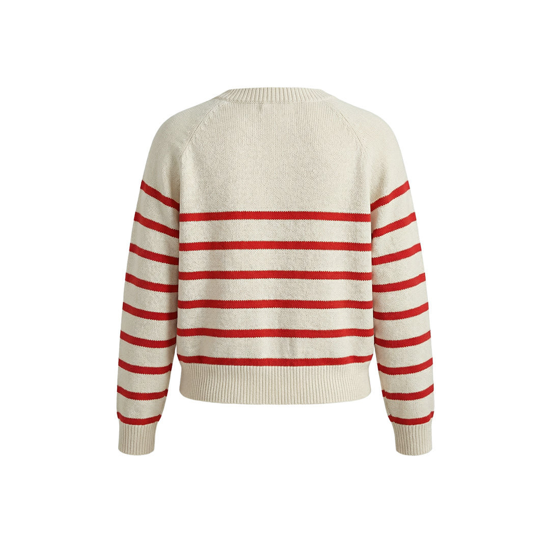 Women's Striped Knit Cardigan Red White Crewneck Button Up Sweater Coat Casual Long Sleeve Knitwear