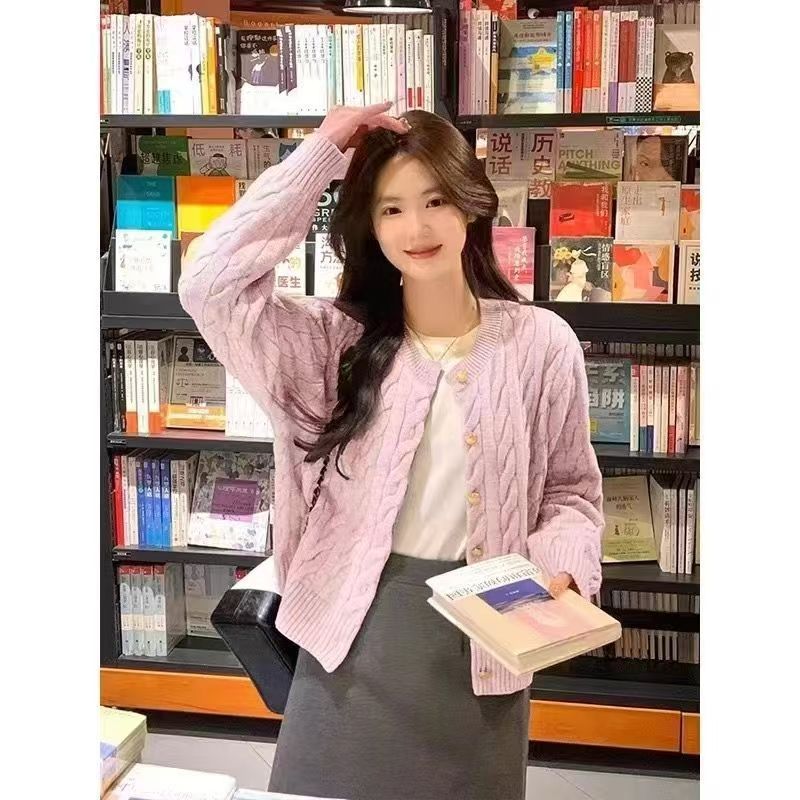 Solid-color Soft Chewy Braided Knit Cardigan for Women Autumnwinter