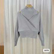 Spliced Long-sleeved Off-shoulder Knitted Slim-fit Semi-high Neck Sweater