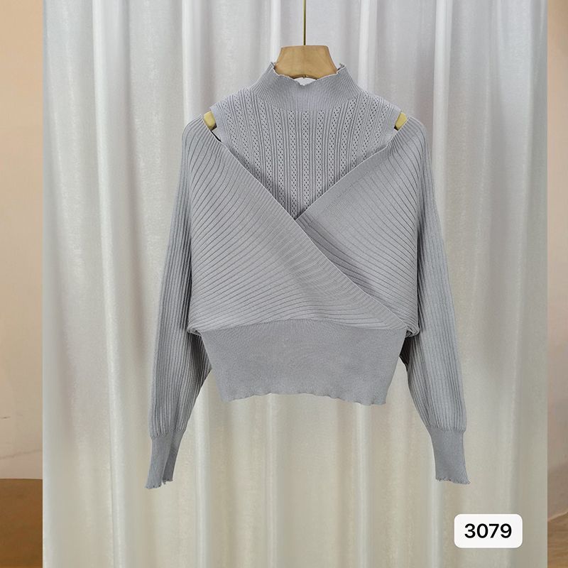 Spliced Long-sleeved Off-shoulder Knitted Slim-fit Semi-high Neck Sweater