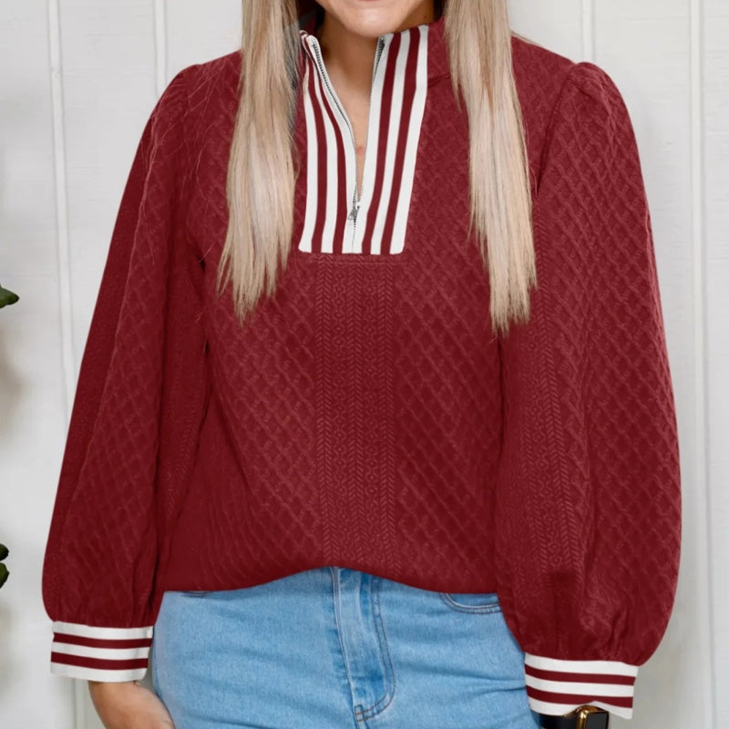 Racing Red Diamond-texture Striped Patchwork Zip-neck Pullover Sweater
