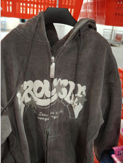 Handdrawn Letter Loose Long Sleeve Zip Cardigan Hoodie