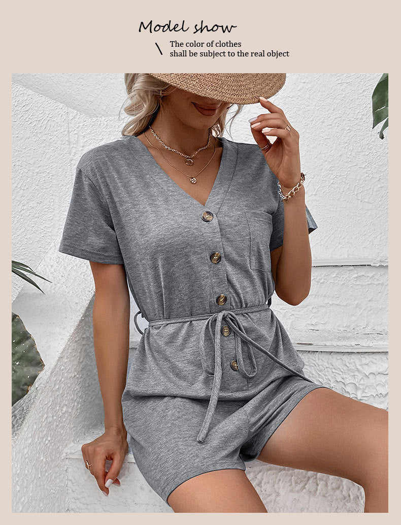Elegant Solid Color Casual Belted Short Jumpsuit