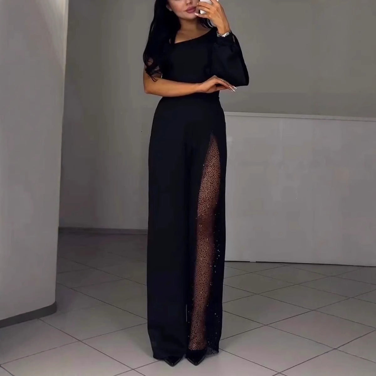 Sexy Oblique Shoulder High Slit Long Sleeve Jumpsuit