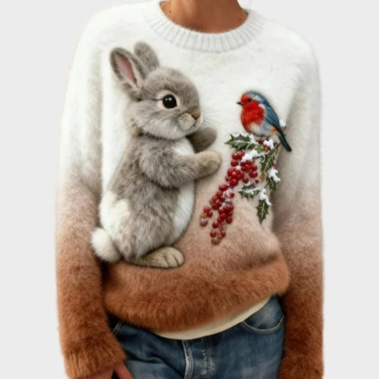 Womens Flannel Crew-neck Sweater with Digital Christmas Print for Fallwinter
