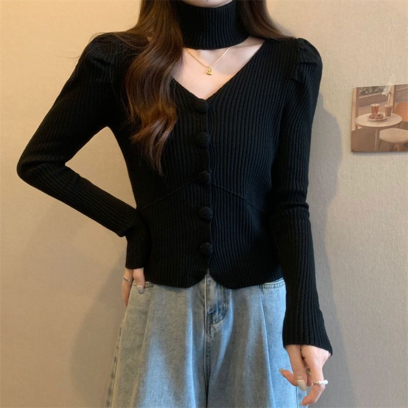 V-neck Puff-sleeve Knit Camisole Halter Top