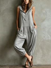 Casual Sleeveless Hooded Jumpsuit with Pockets