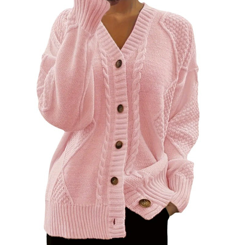 V-neck Knitted Cardigan Breasted Cable-knit Sweater Coat