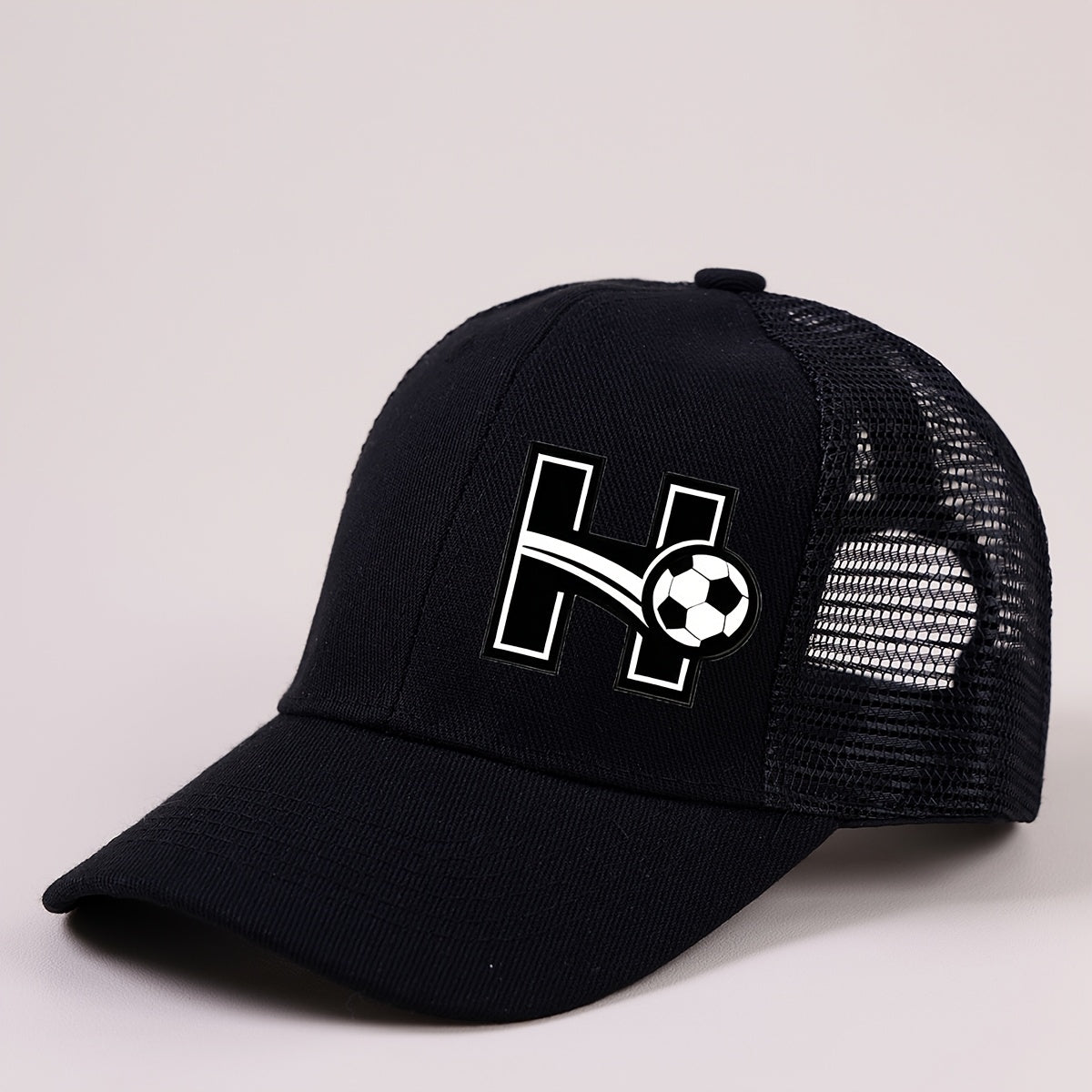 Boys Mesh Baseball Cap with A‑Z Letter and Soccer Ball Print, Unisex Sunvisor, Black