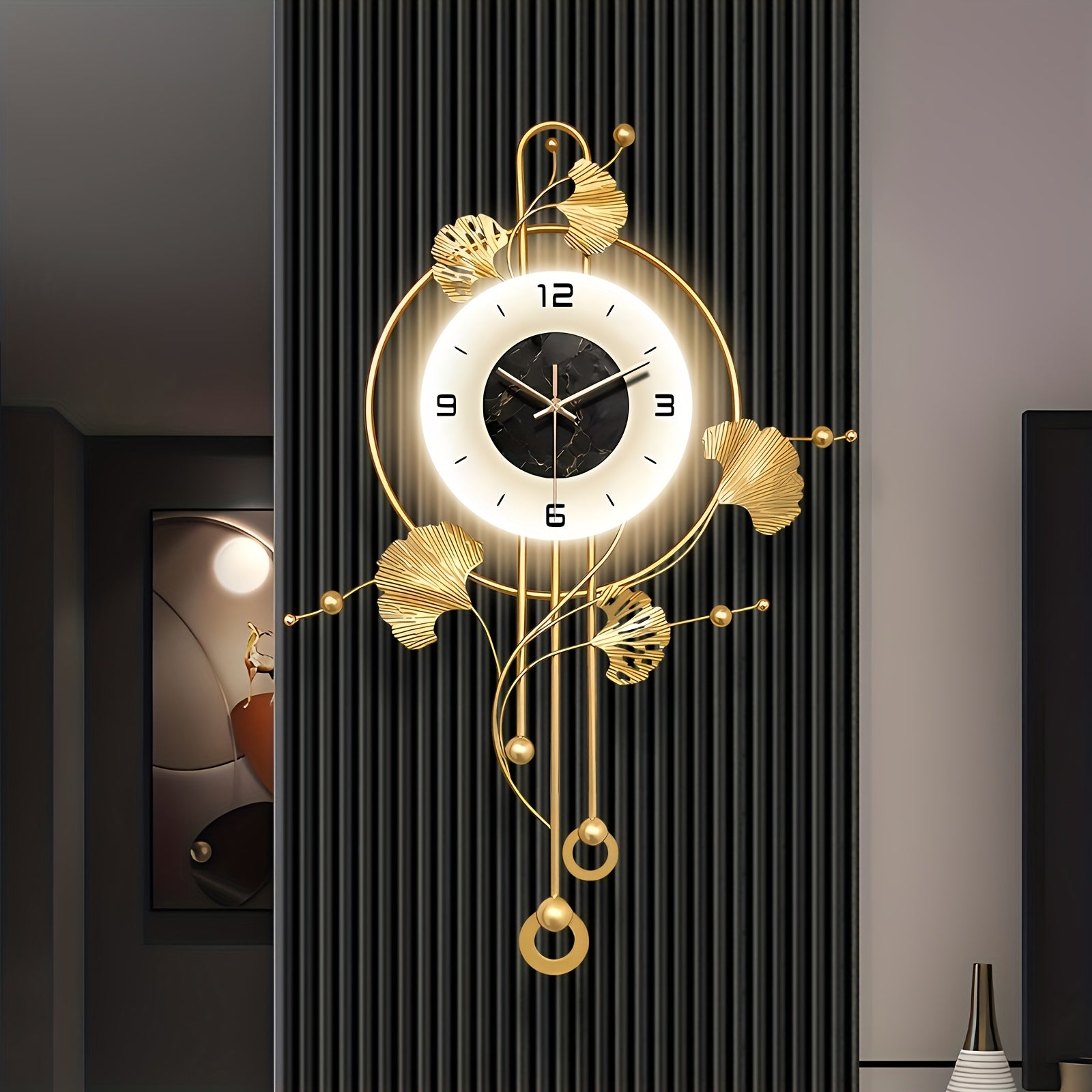 [Vintage Metal Clock] Vintage Metal Wall Clock 28x20'' - 3D Modern Ginkgo Leaf Creative Design | Handmade Home Art Decorative Timepiece with Metal Floral Wall Art for Living Room Decor