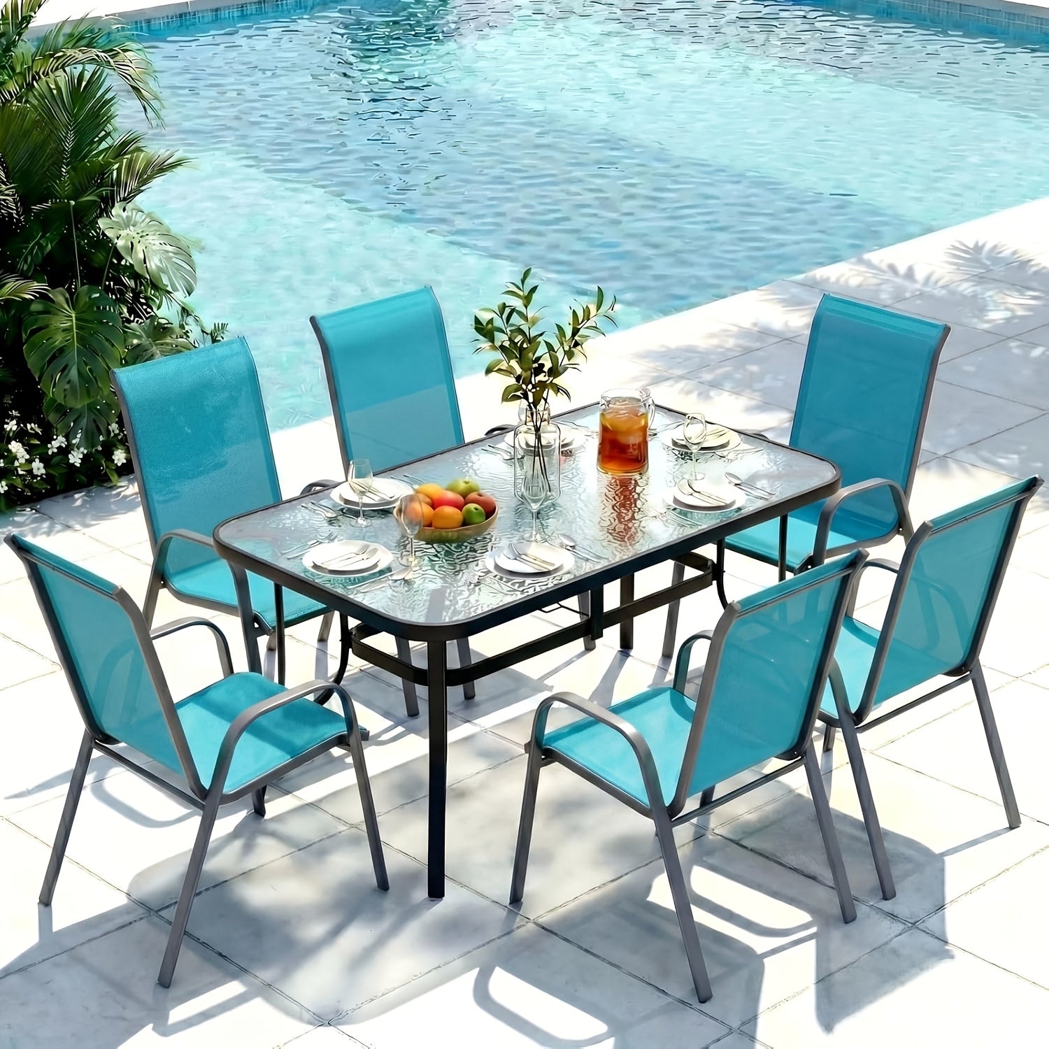 [All Weather Patio Set] Patio Dining Set for 6, Outdoor Table And Chairs W/ 1.69" Umbrella Hole, 30" X 55" Table And Stackable Textilene Chair, All Weather Patio Furniture Set (Umbrella Not Included)