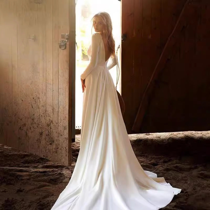 Elegant Deep-V Satin Long-Sleeve Wedding Dress