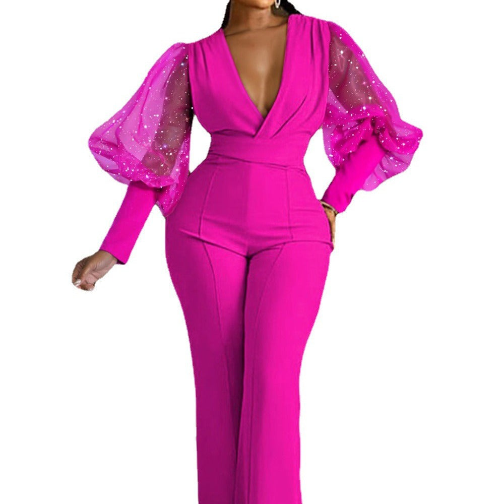 Mesh Long Sleeve Slim Wide Leg Jumpsuit