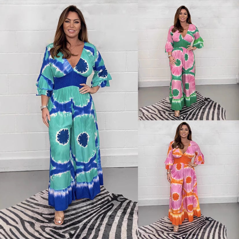 Plus Size Tie-Dye Bell-Sleeve Wide-Leg Jumpsuit