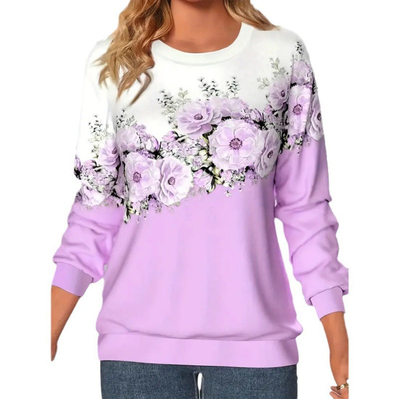 Women's 3D Floral Print Long Sleeve Pullover Sweatshirt