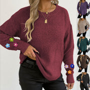 Hand-knitted Floral Patchwork Long-sleeve Crew-neck Pullover
