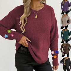 Hand-knitted Floral Patchwork Long-sleeve Crew-neck Pullover