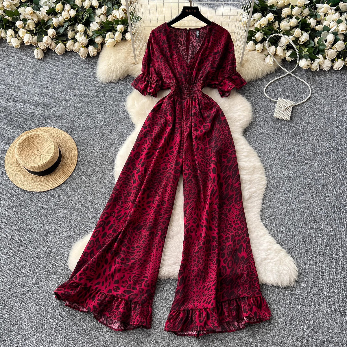Chic V-Neck High-Waist Wide-Leg Printed Jumpsuit