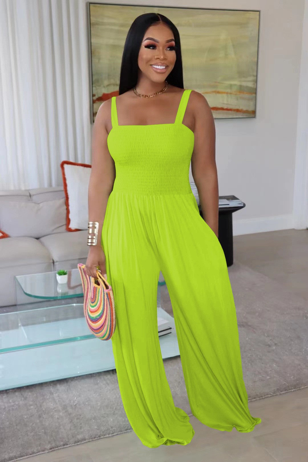 Casual Solid Color Strap Tube Top Wide Leg Jumpsuit