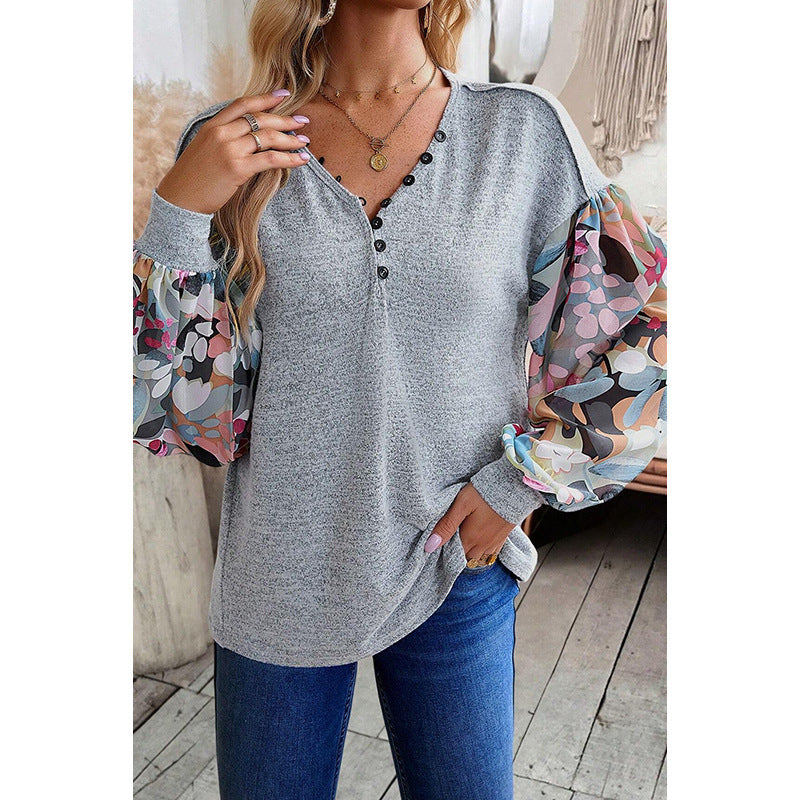 Floral Lantern Sleeve Casual Pullover Sweatshirt
