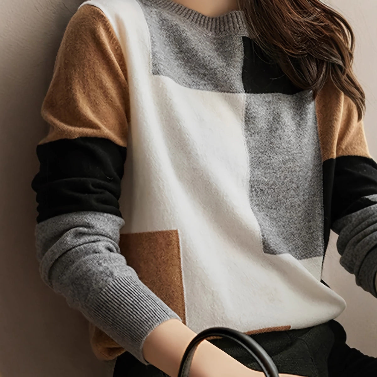 Color Contrast Soft Glutinous Long Sleeve Loose Slimming Women's Knitted Sweater