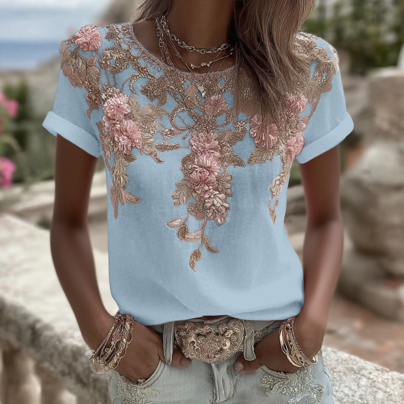 Retro Patchwork T-Shirt – 3D Printed Short‑Sleeve Top