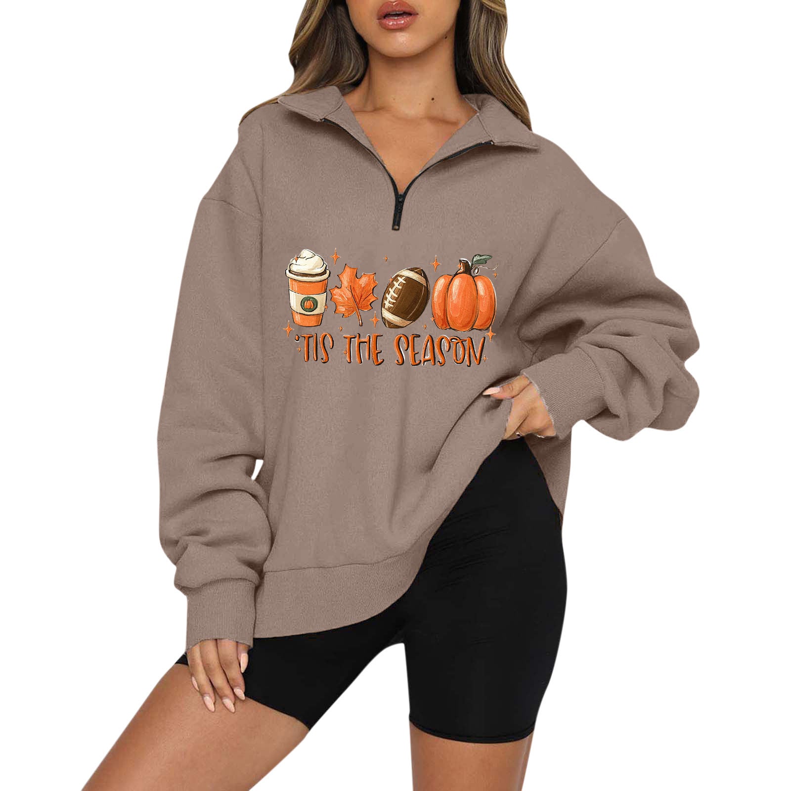 Halloween Pumpkin Print Casual Zipper Sweatshirt