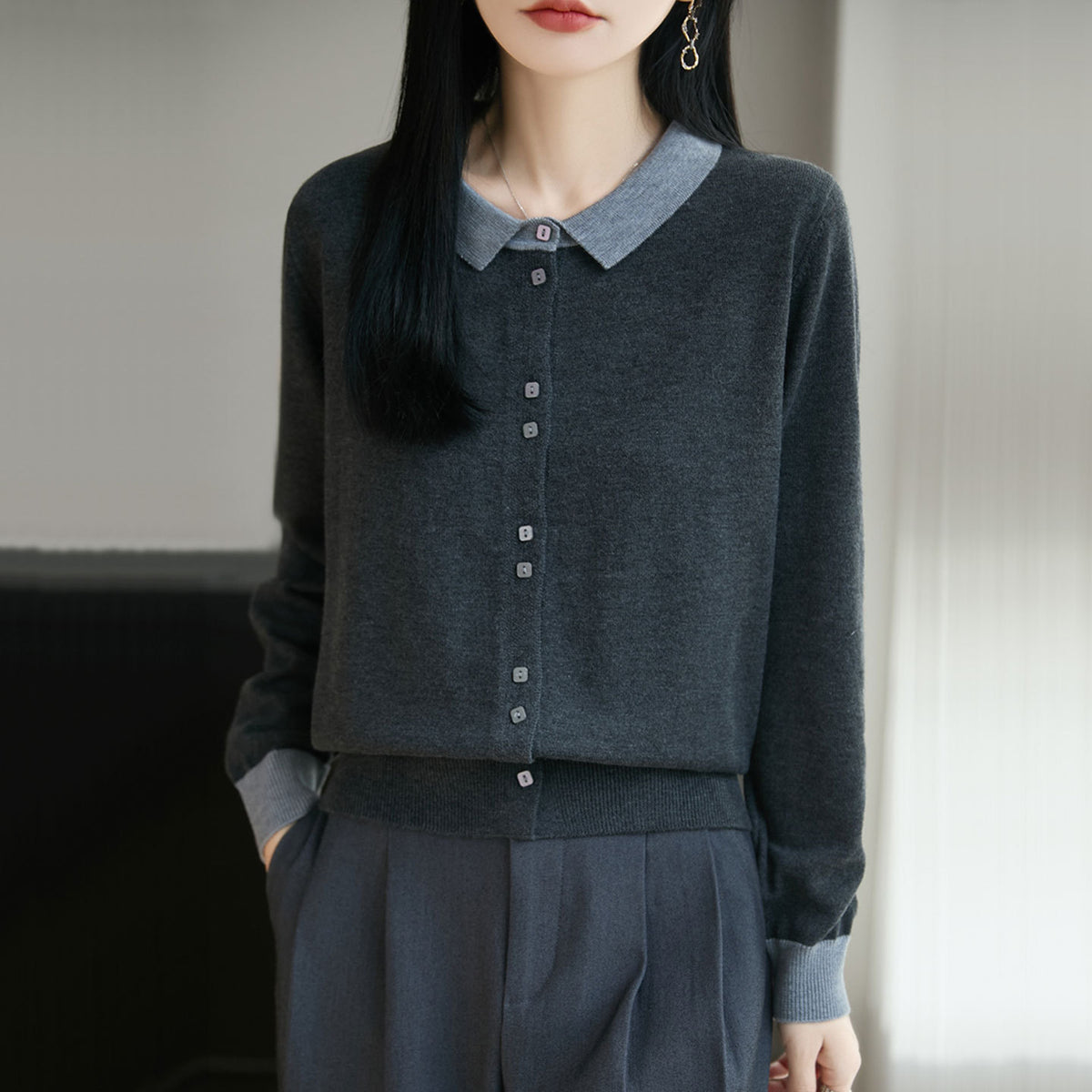 Womens Relaxed-fit Lapel-collar Color-block Knit Cardigan