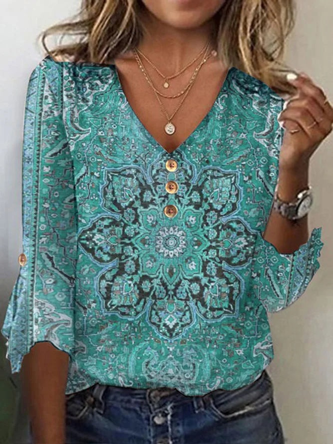 Floral V-Neck Flared Sleeve T-Shirt