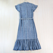 Womens Washed Denim Dress with Stand Collar