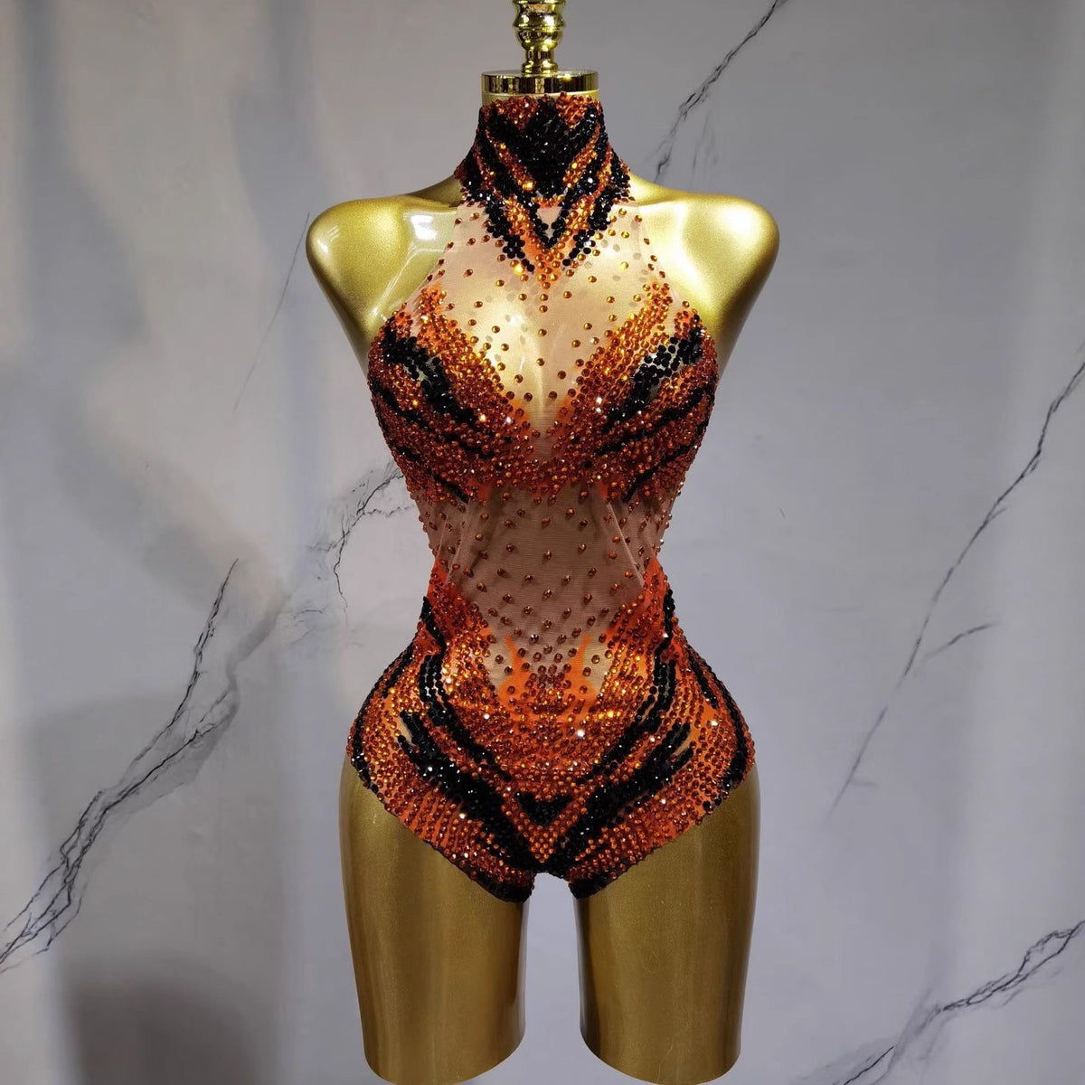 Golden Sheer Mesh Future Warrior Party One-Piece Thong Romper