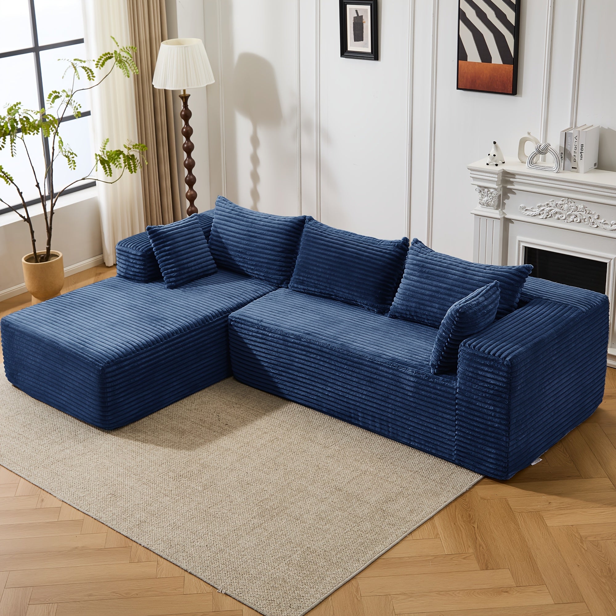 Modular L-shaped chaise longue sofa bed with deep seat and corduroy upholstery