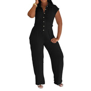 Striped Turn-Down Collar Slim-Fit Women's Jumpsuit