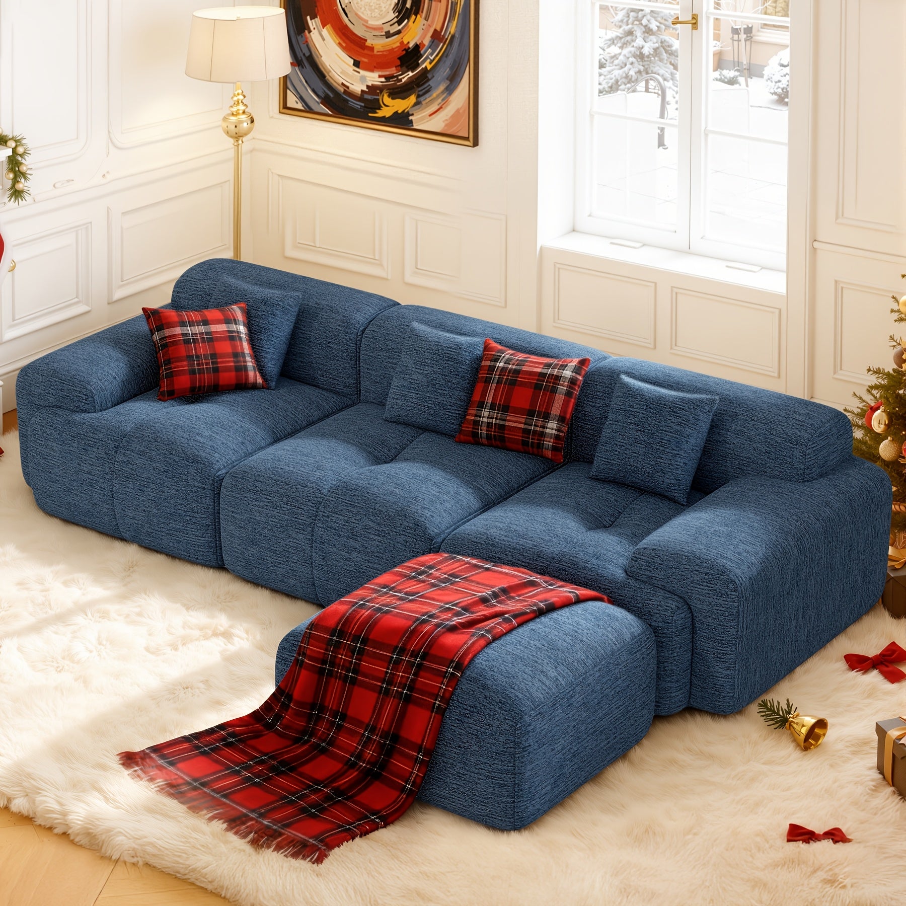 Modular L-shaped chaise longue sofa bed with deep seat and corduroy upholstery