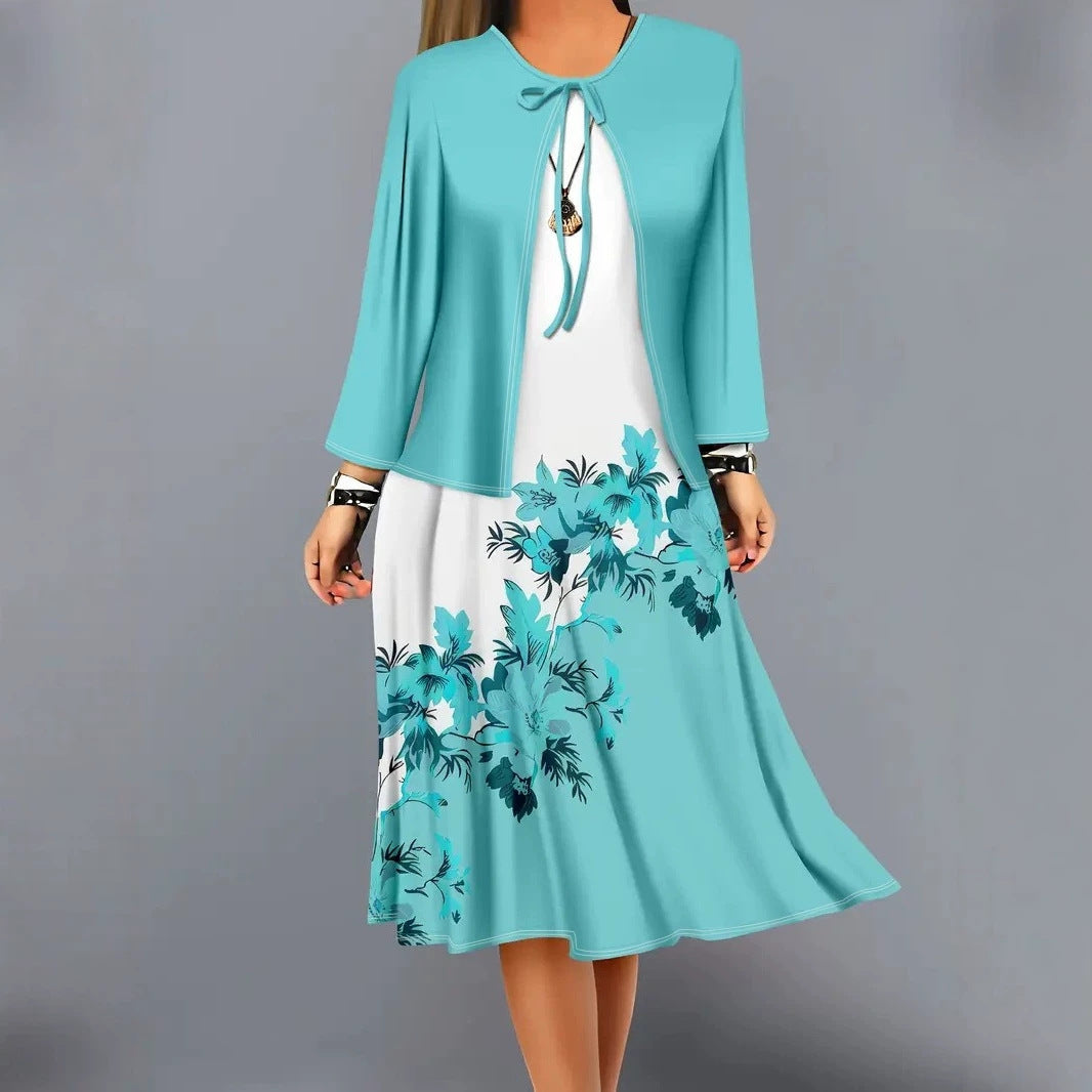 Color-block Elegant and Sophisticated Professional Coat Paired with a Dress Set