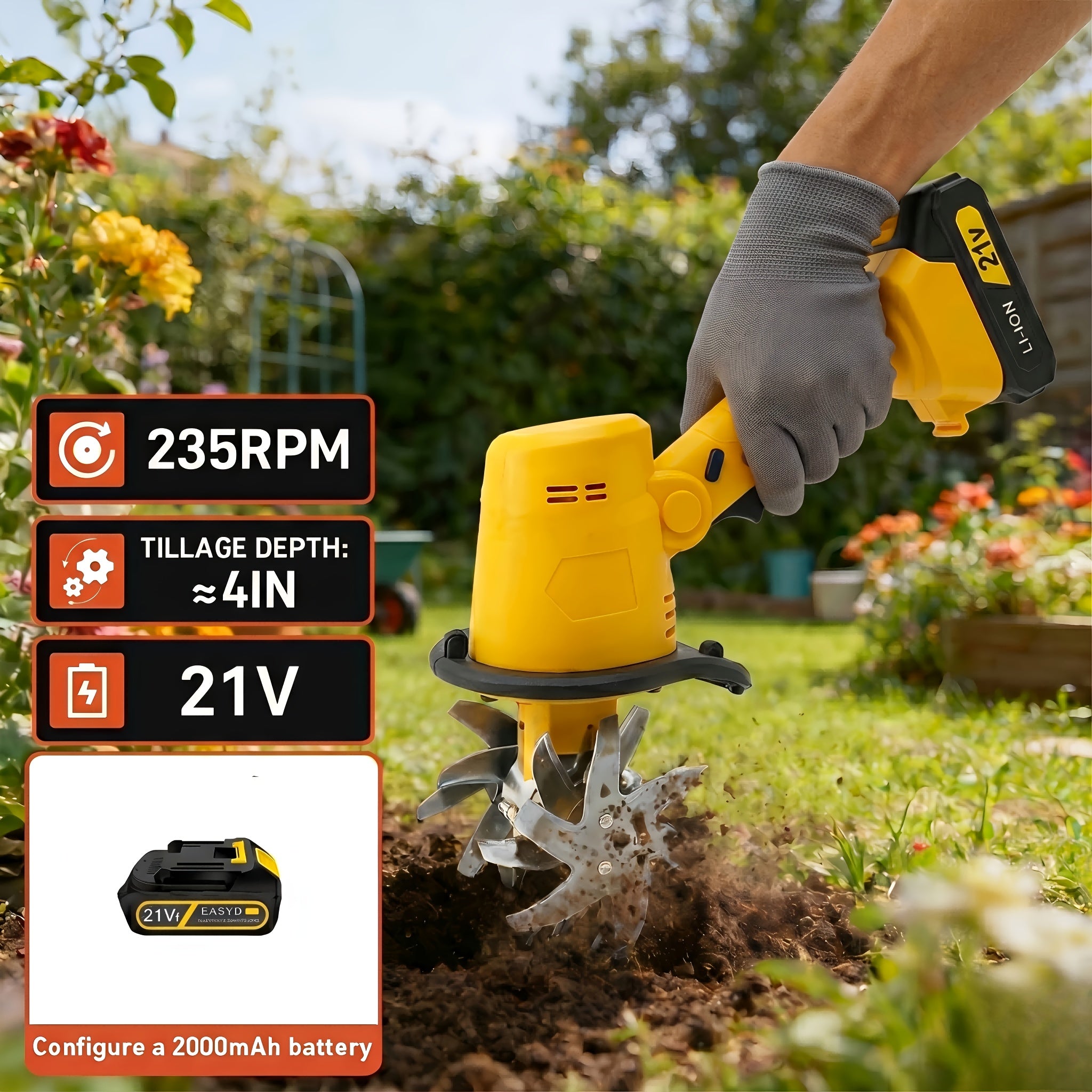 21V Electric Soil Loosening Machine – Handheld Plow with Built‑In Battery and Charger