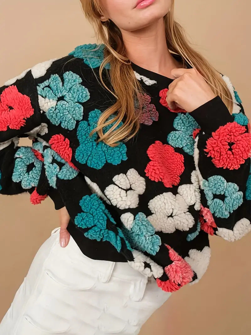 Retro 3D Floral Loose Cashmere Sweater