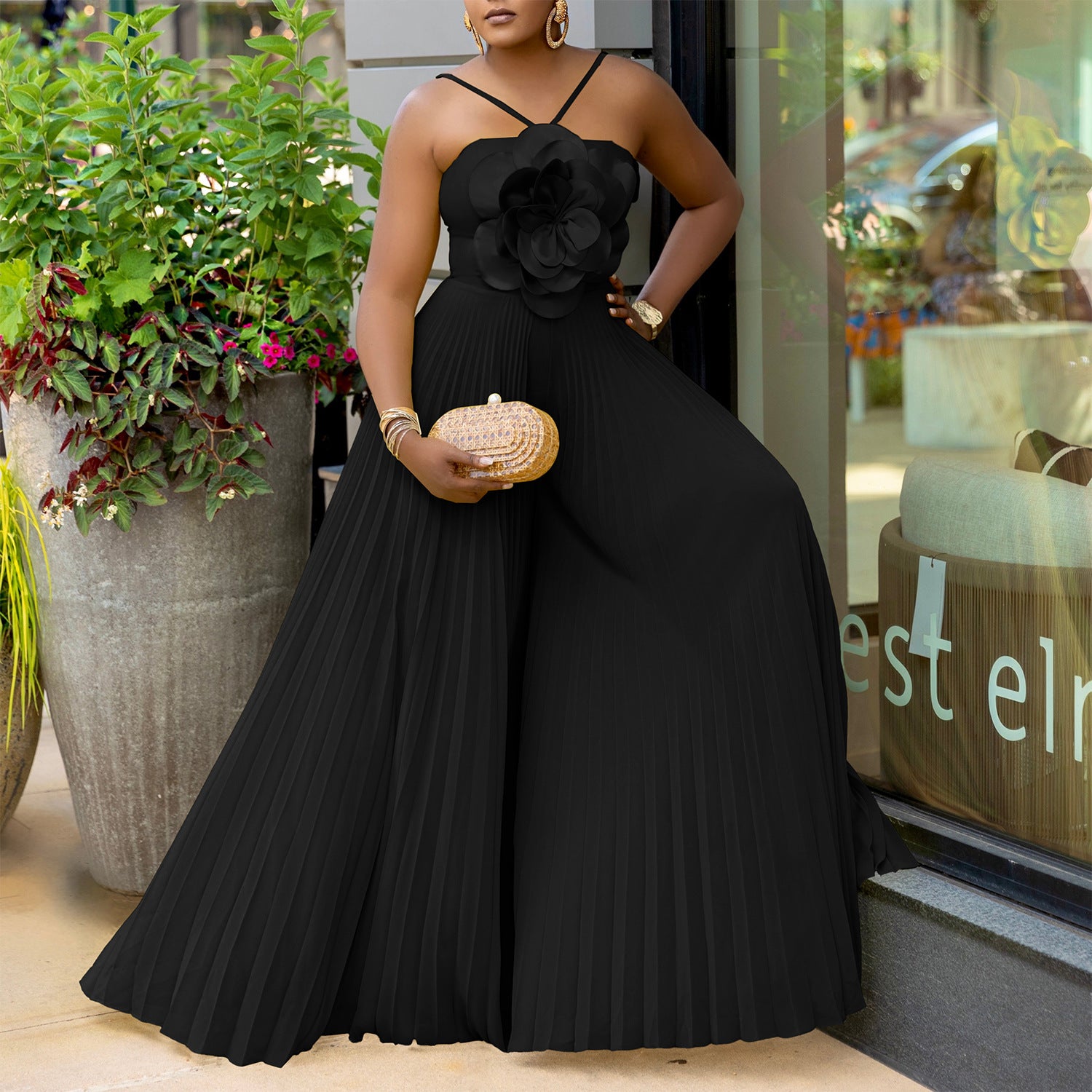 Chic 3D Flower Halter Wide-Leg Jumpsuit