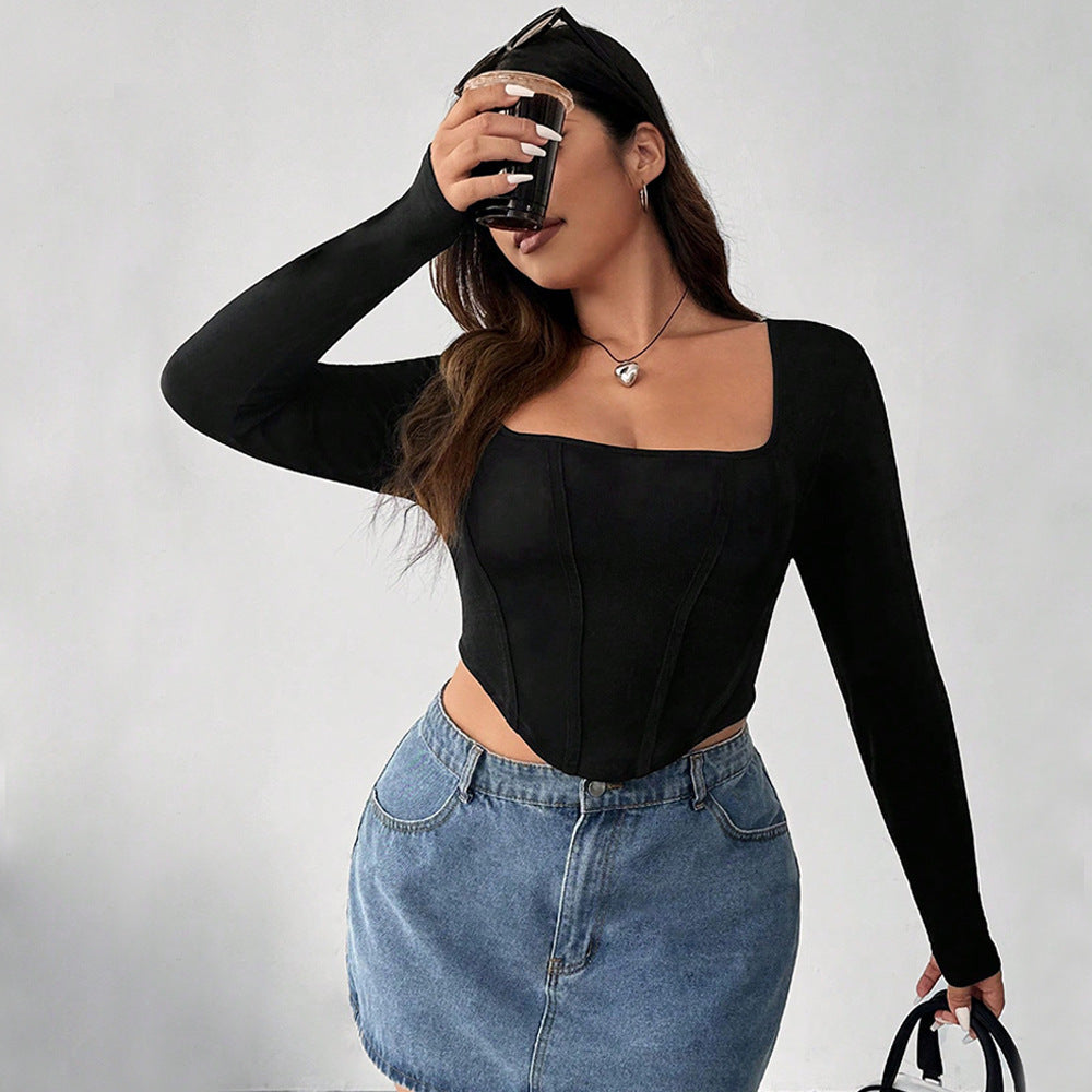 Plus Size Square Collar Fishbone Solid Bottoming Shirt