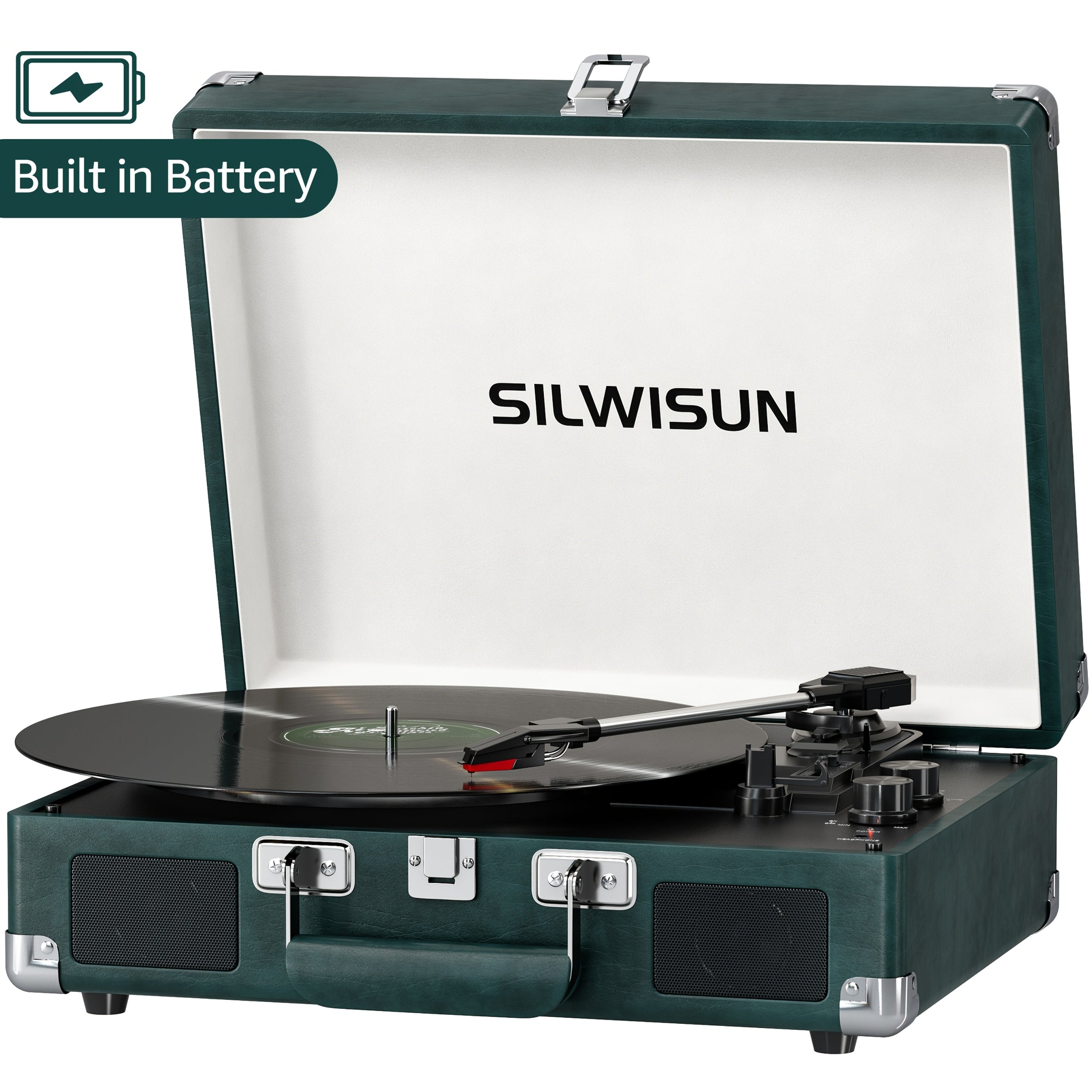Portable Vinyl Record Player with Built‑In Speakers, Battery Powered, 3‑Speed Turntable, Wireless, Suitcase Design, 3.5 mm Headphone Jack, Aux In & RCA Out – Pink, Green, Brown, Black