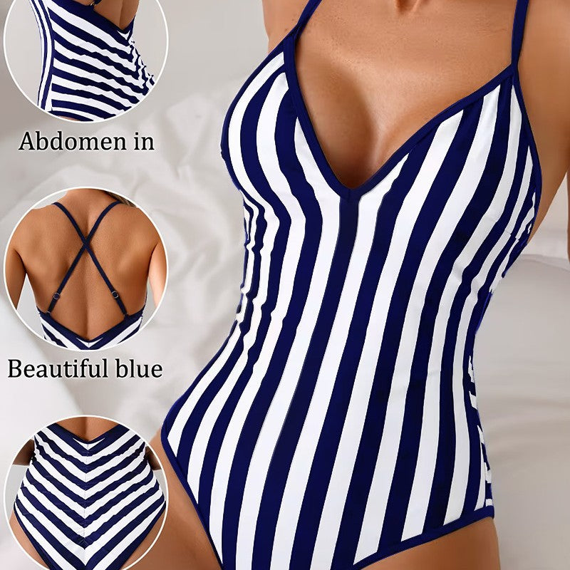 Slimming Striped One-Piece Swimsuit with Waist Cinch