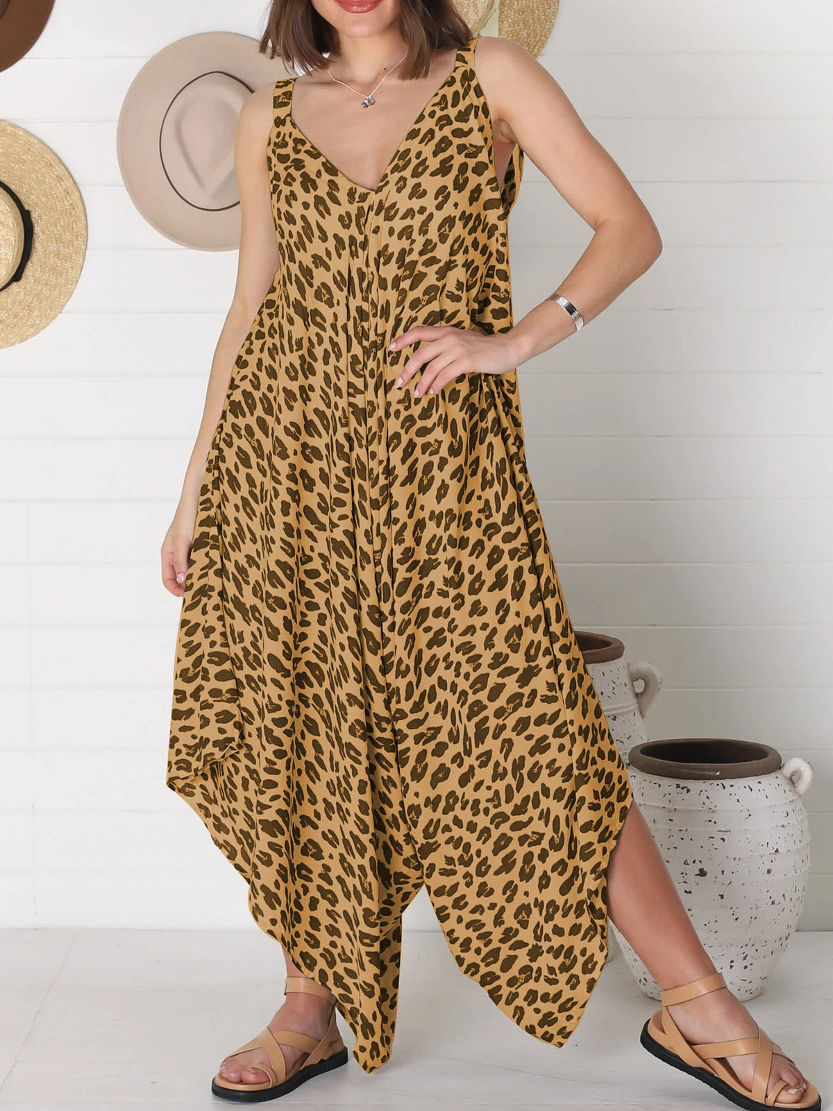 Leopard Print Wide Leg Jumpsuit Backless Romper