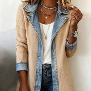 Elegant Patchwork Long‑Sleeve Coat – Slim Fit, Apricot