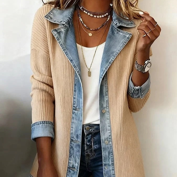 Elegant Patchwork Long‑Sleeve Coat – Slim Fit, Apricot